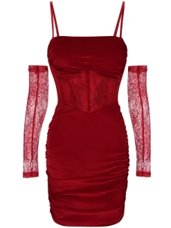 Online Retro Stage 1960s Solid Velvet Sling Dress With Sleeves
