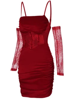 Online Retro Stage 1960s Solid Velvet Sling Dress With Sleeves