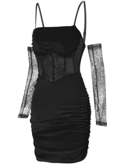 Online Retro Stage 1960s Solid Velvet Sling Dress With Sleeves