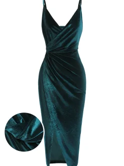 Best Retro Stage 1960s Solid Velvet V-Neck Strap Dress