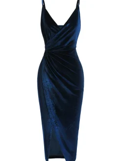 Best Retro Stage 1960s Solid Velvet V-Neck Strap Dress