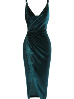 Best Retro Stage 1960s Solid Velvet V-Neck Strap Dress