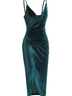 Best Retro Stage 1960s Solid Velvet V-Neck Strap Dress