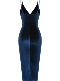 Sale Retro Stage 1960s Solid Velvet V-Neck Strap Dress