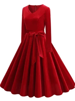 Discount Retro Stage 1950s Solid Velvet V-Neck Swing Dress