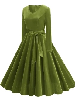 Discount Retro Stage 1950s Solid Velvet V-Neck Swing Dress