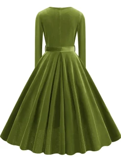 Discount Retro Stage 1950s Solid Velvet V-Neck Swing Dress