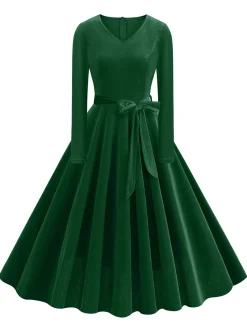 Discount Retro Stage 1950s Solid Velvet V-Neck Swing Dress
