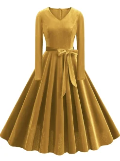 Discount Retro Stage 1950s Solid Velvet V-Neck Swing Dress