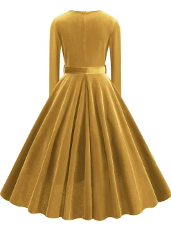 Discount Retro Stage 1950s Solid Velvet V-Neck Swing Dress