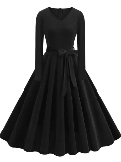Discount Retro Stage 1950s Solid Velvet V-Neck Swing Dress