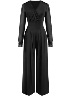 Fashion Retro Stage 1930s Solid V-Neck Beading Mesh Jumpsuit Black