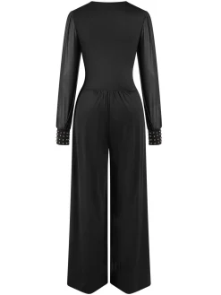 Fashion Retro Stage 1930s Solid V-Neck Beading Mesh Jumpsuit Black