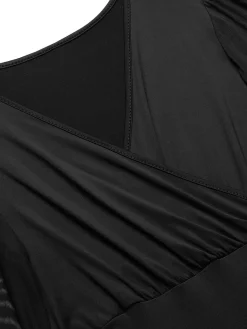 Fashion Retro Stage 1930s Solid V-Neck Beading Mesh Jumpsuit Black
