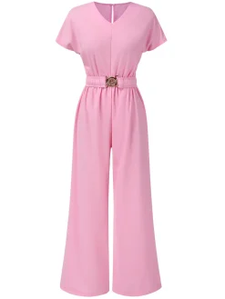 Discount Retro Stage 1950s Solid V-Neck Belted Jumpsuit