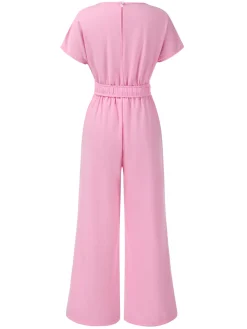 Discount Retro Stage 1950s Solid V-Neck Belted Jumpsuit