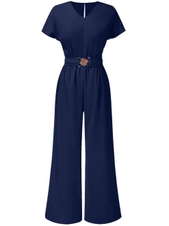 Discount Retro Stage 1950s Solid V-Neck Belted Jumpsuit