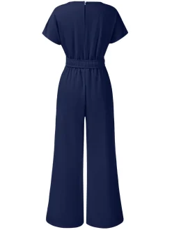 Discount Retro Stage 1950s Solid V-Neck Belted Jumpsuit
