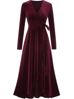 New Retro Stage 1930s Solid V-Neck Corduroy Slit Dress