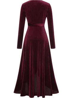 New Retro Stage 1930s Solid V-Neck Corduroy Slit Dress