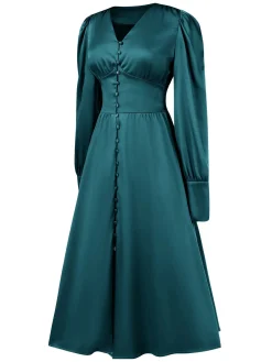 Best Retro Stage 1940s Solid V-Neck Faux Satin Button Dress