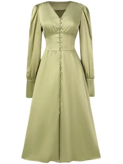 Best Retro Stage 1940s Solid V-Neck Faux Satin Button Dress