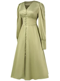 Best Retro Stage 1940s Solid V-Neck Faux Satin Button Dress