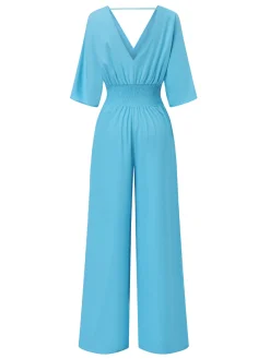 Hot Retro Stage 1940s Solid V-Neck Half Sleeves Jumpsuit