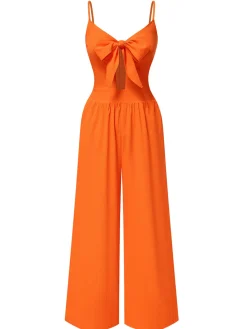 Best Retro Stage 1940s Solid V-Neck Hollow-Out Bow Straps Jumpsuit