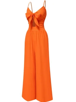 Best Retro Stage 1940s Solid V-Neck Hollow-Out Bow Straps Jumpsuit