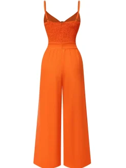 Best Retro Stage 1940s Solid V-Neck Hollow-Out Bow Straps Jumpsuit
