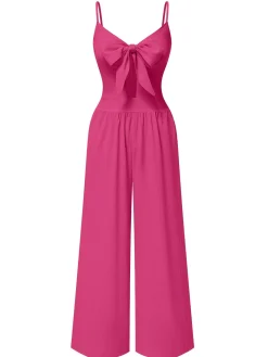 Best Retro Stage 1940s Solid V-Neck Hollow-Out Bow Straps Jumpsuit