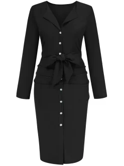 Sale Retro Stage 1960s Solid V-Neck Pleated Button Dress