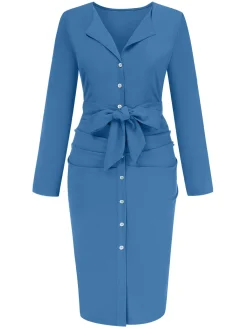Sale Retro Stage 1960s Solid V-Neck Pleated Button Dress