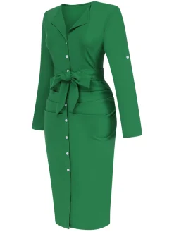 Sale Retro Stage 1960s Solid V-Neck Pleated Button Dress