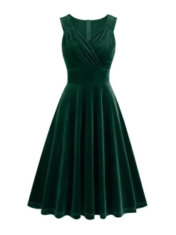 Discount Retro Stage 1950s Solid V-Neck Pleated Velvet Dress