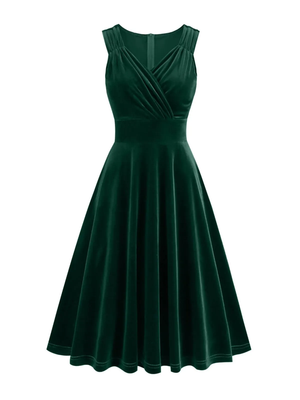 Discount Retro Stage 1950s Solid V-Neck Pleated Velvet Dress