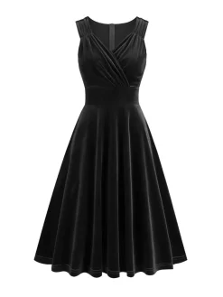 Discount Retro Stage 1950s Solid V-Neck Pleated Velvet Dress