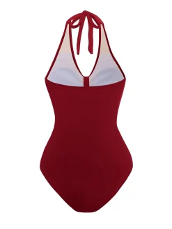 Online Retro Stage 1950s Solid V-Neck Ruched Halter One-Piece Swimsuit