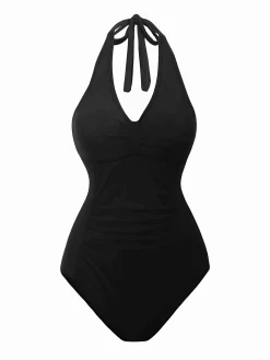 Online Retro Stage 1950s Solid V-Neck Ruched Halter One-Piece Swimsuit