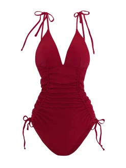 Online Retro Stage 1950s Solid V-Neck Ruched One-Piece Swimsuit