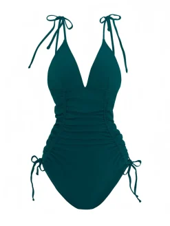 Online Retro Stage 1950s Solid V-Neck Ruched One-Piece Swimsuit