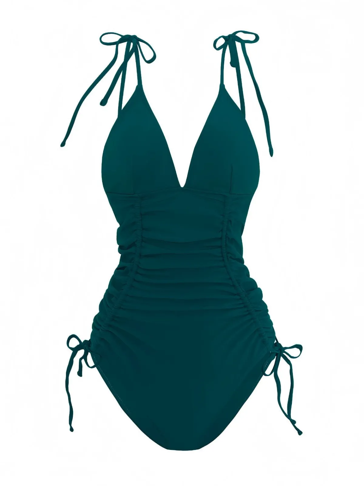 Online Retro Stage 1950s Solid V-Neck Ruched One-Piece Swimsuit