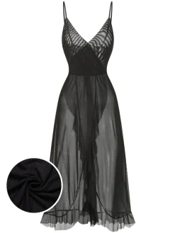 Discount Retro Stage 1930s Solid V-Neck Ruffle Sheer Nightgown