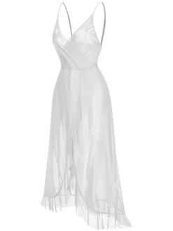 Discount Retro Stage 1930s Solid V-Neck Ruffle Sheer Nightgown