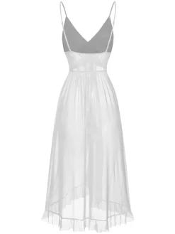 Discount Retro Stage 1930s Solid V-Neck Ruffle Sheer Nightgown