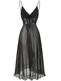 Discount Retro Stage 1930s Solid V-Neck Ruffle Sheer Nightgown