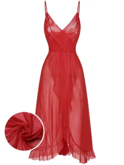 New Retro Stage 1930s Solid V-Neck Ruffle Sheer Nightgown
