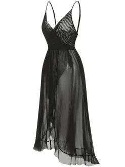 New Retro Stage 1930s Solid V-Neck Ruffle Sheer Nightgown