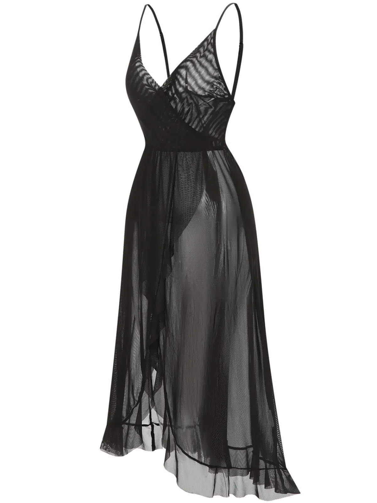 New Retro Stage 1930s Solid V-Neck Ruffle Sheer Nightgown